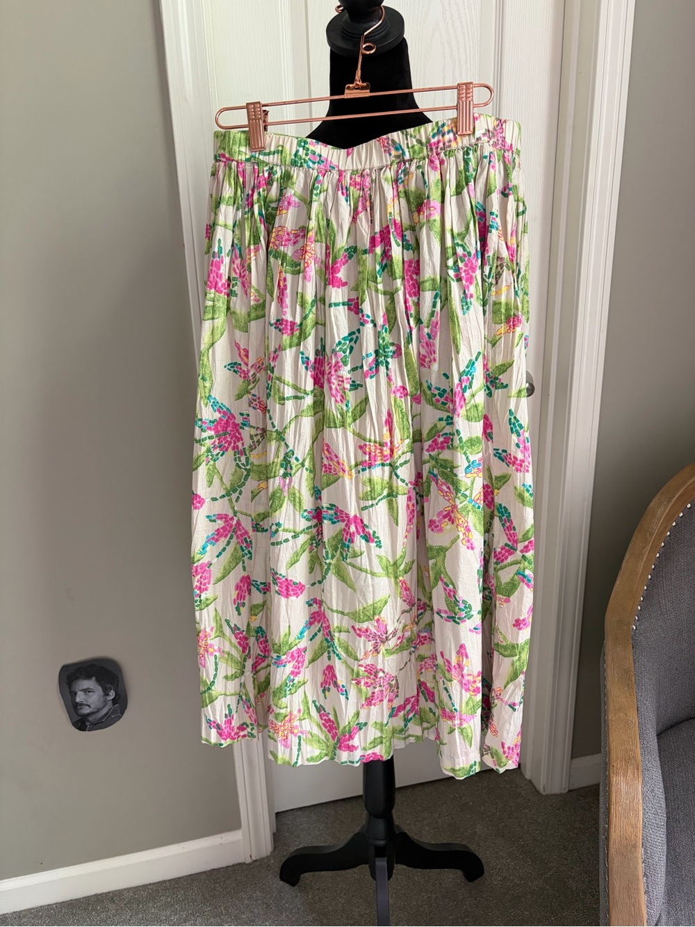 Charter Club White Midi Skirt with Pink and Green Floral Print